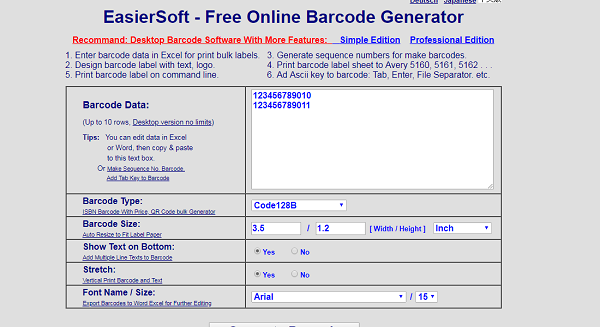 Tạo mã vạch trên trang Online Barcode Generator